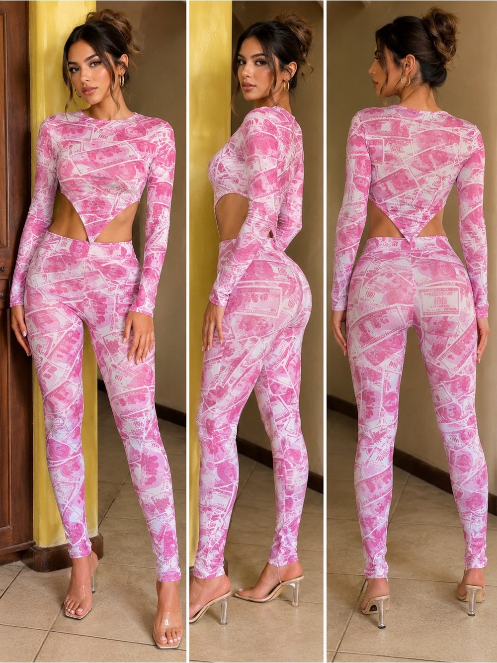 Pink money print mesh 2 piece set Small